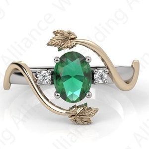 14K Gold Emerald Engagement Ring , Leaf Wedding Ring, Tree Branch Ring, Twig Engagement Ring , Floral Stackable Ring, Delicate Vine Ring