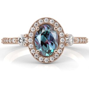 14k Gold Alexandrite Engagement Ring , Halo Ring , Three Stone Ring , Past Present Future Ring , Statement Ring