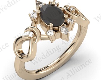 Anillo de compromiso de oro de 14 quilates con diamante negro, anillo gótico de bruja, anillo infinito, anillo de la triple diosa