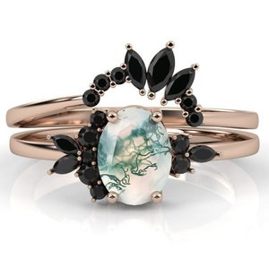 Vintage Moss Agate Engagement Ring Set Rose Gold, Art Deco Moss Agate Ring, Cluster moss branch jewelry, Moss Agate Marquise Ring Set Women