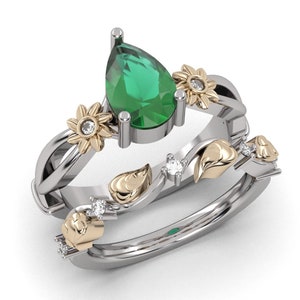 14K Gold Emerald Engagement Ring Set Pear Cut Wedding Ring Set  2PC Bridal Ring Set Anniversary Ring Set Nature Inspire Ring Set
