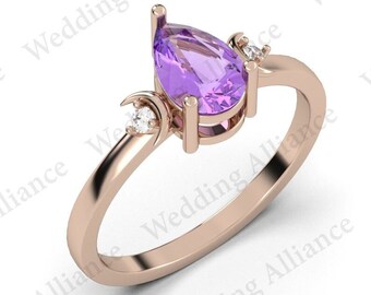 Anillo de plata de ley con triple luna y amatista en forma de pera: Anillo de compromiso gótico