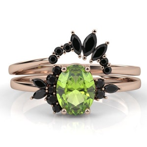 Peridot Verlobungsring Set, 14K Gold Versprechen Ring, August Birthstone, Art-Deco-Ring, Cluster Schmuck, Ehering Set für Frauen