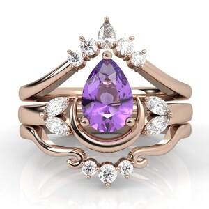 Amethyst Engagement Ring Set, 14K Gold Wedding Ring Set, Crescent Moon Ring Set, Gothic Ring Set