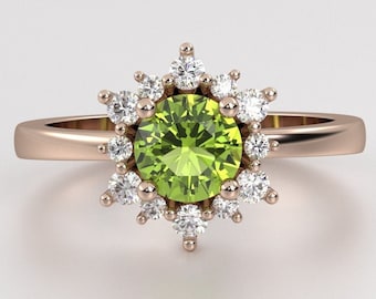 Peridot Engagement Ring, August Birthstone Ring, Art Deco Bridal Ring, Cluster Jewelry, Round Peridot Wedding Ring, Anniversary Promise Ring