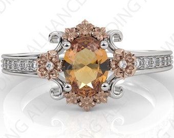 Vintage Citrine Flower Engagement Ring: 14K Yellow Gold Bridal Ring