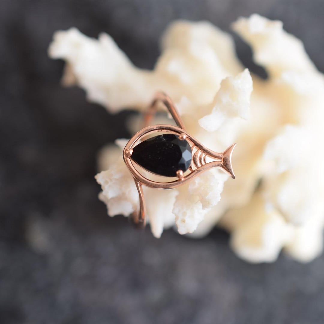 14 K Gold Black Diamond Fish Ring Sea Wave Stacking Ring Beach Clam ...