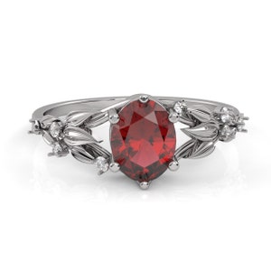 Garnet Twig Ring: Floral Leaf Engagement Ring, Sterling Silver