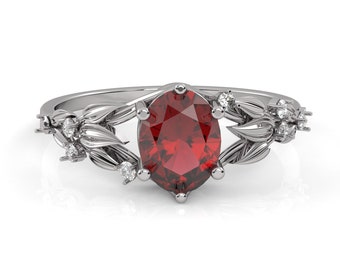 Garnet Twig Ring: Floral Leaf Engagement Ring, Sterling Silver