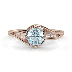 10K Gold Aquamarine Engagement Ring , March Birthstone Ring , Wedding Ring , Filigree Ring