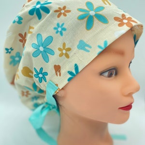 Euro dental scrub cap, tooth scrub cap, dental assistant scrub cap, dentist hair covering, ponytail scrub cap, dental hygienist cap