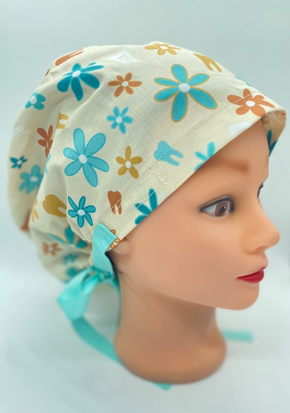 Euro dental scrub cap, tooth scrub cap, dental assistant scrub cap, dentist hair covering, ponytail scrub cap, dental hygienist cap