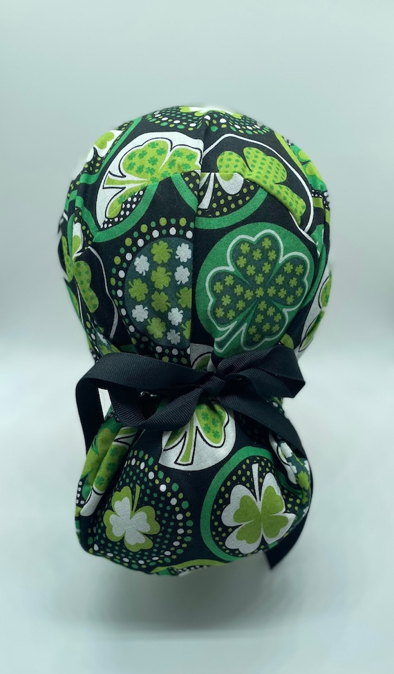 St patricks day scrub cap, nurse bonnet scrubcap with buttons, ponytail scrub cap for women, dental hygienist scrub cap