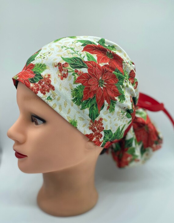 Poinsettia scrub cap, euro scrub cap with buttons, holiday scrub cap, Christmas scrub hat, winter hat, flower scrub cap, Ponytail cap