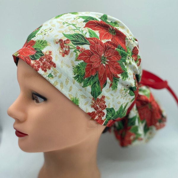 Poinsettia scrub cap, euro scrub cap with buttons, holiday scrub cap, Christmas scrub hat, winter hat, flower scrub cap, Ponytail cap