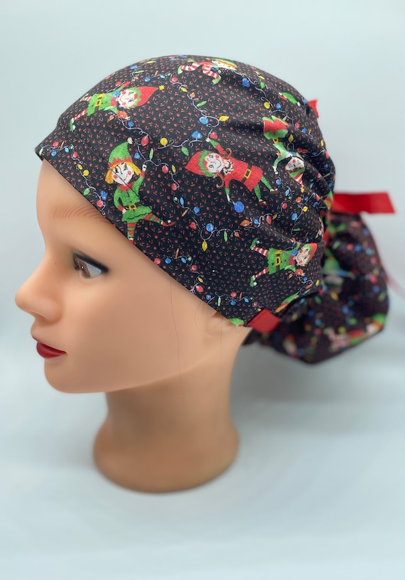 Elf Christmas scrub cap, euro scrub cap with buttons, womens holiday scrub cap, Christmas ponytail scrub cap, Christmas scrub hat,