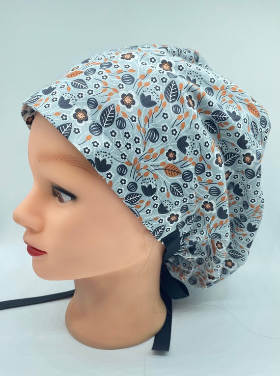 Flower scrub cap, Nurse euro scrub cap, scrub cap with buttons, ponytail scrub cap, womens hair cover, medical scrub hat