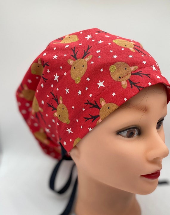 Christmas reindeer euro Scrub cap with buttons, ponytail Christmas scrub cap, Christmas scrub hat, Rudolph holiday scrub cap, Santa helper