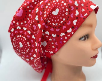 Red hearts Euro Nurse valentines scrub cap, holiday scrub cap with buttons, womens scrub cap, valentines full coverage  bonnet scrub cap