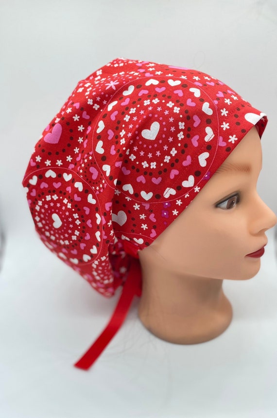 Red hearts Euro Nurse valentines scrub cap, holiday scrub cap with buttons, womens scrub cap, valentines full coverage  bonnet scrub cap