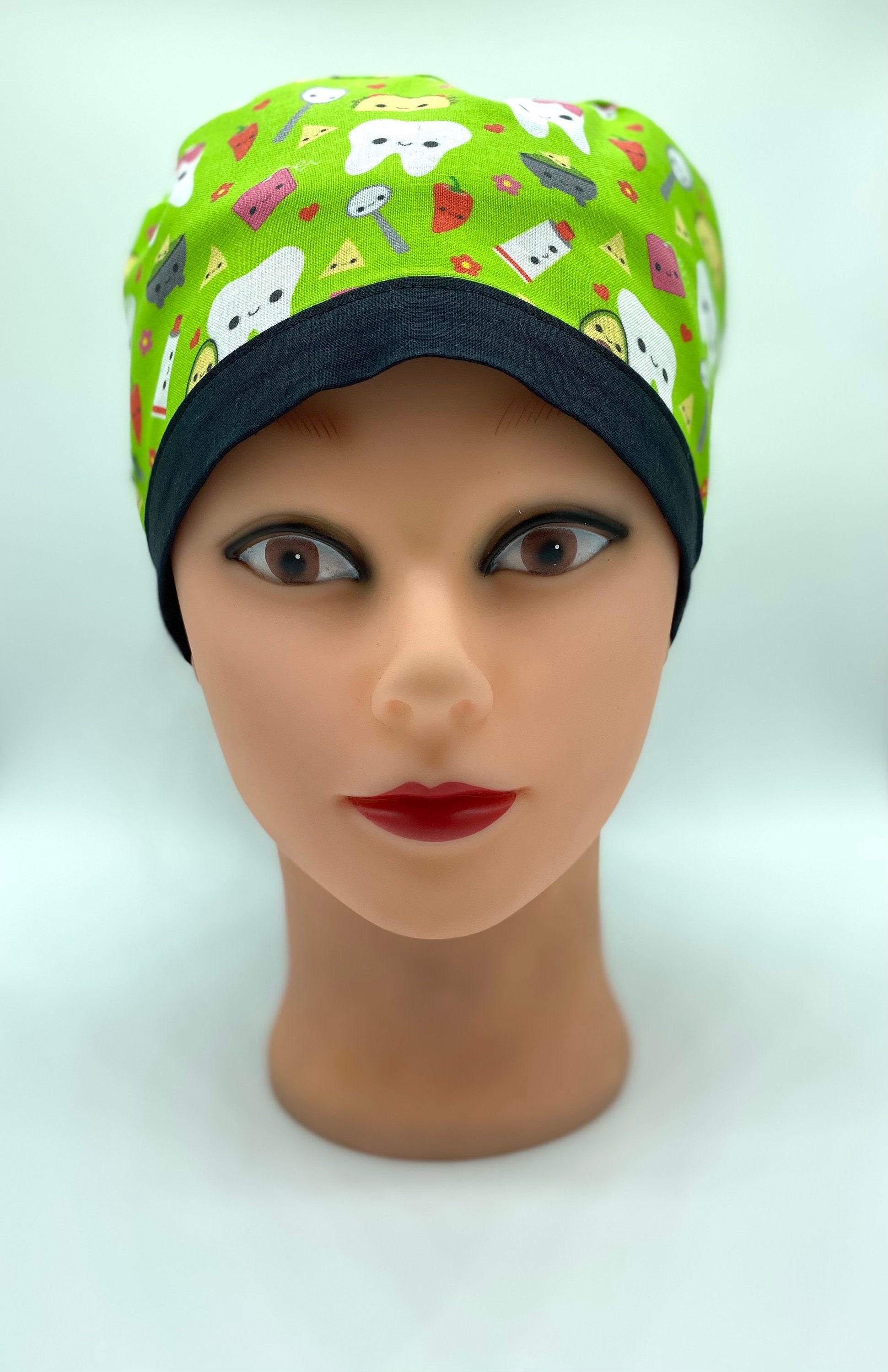 personalized dental taco and teeth scrub cap with buttons, dental hygiene and dental assistant