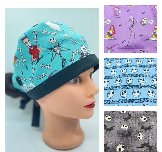 Jack skellington scrub cap, womens scrub cap with buttons, nurse Halloween scrub cap, pumpkin king scrub cap, nightmare before Christmas cap
