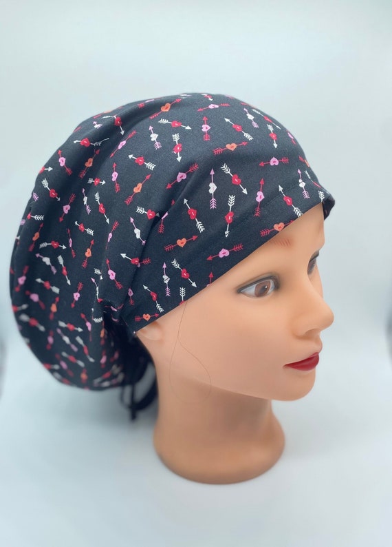 Euro Valentines with arrows scrub cap, nurse holiday scrub cap with buttons, womens scrub cap, full coverage hearts bonnet scrub cap,