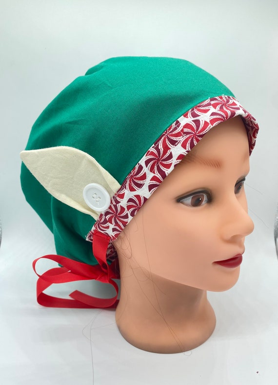 Original Elf Euro scrub cap, holiday scrub cap, Christmas scrub cap, Christmas hat, winter scrub cap, elf ears  satin lined cap with buttons