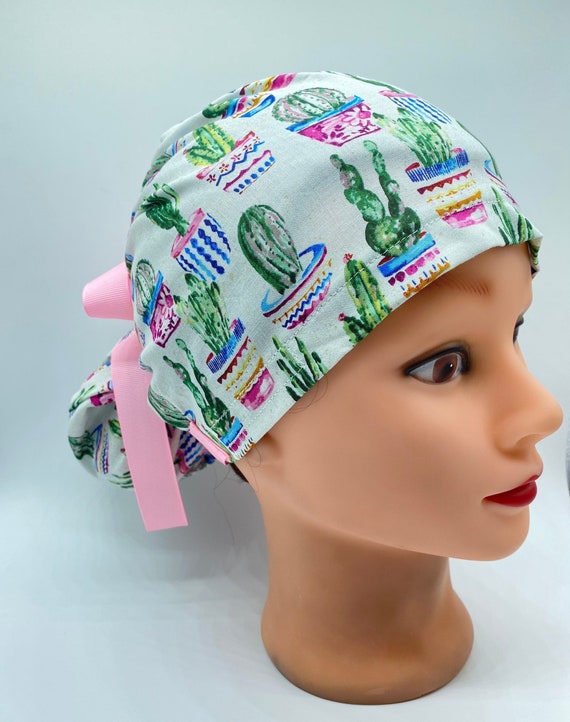 Cacti scrub cap with buttons, cactus scrub cap for nurses, Euro scrub cap, plants scrub cap for women, nurse surgical cap