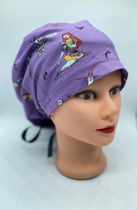 Nightmare before Christmas euro scrub cap, sally Halloween scrub cap with buttons, euro scrub cap for women, purple nurse scrub cap