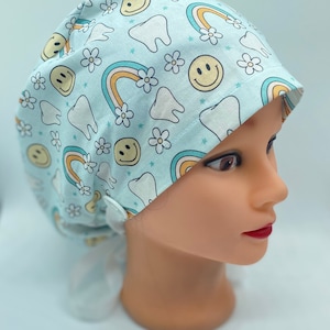 Rainbow euro scrub cap, retro dental scrub cap, dental scrub cap with buttons, dental assistant cap, tooth ponytail scrub cap , dental gifts