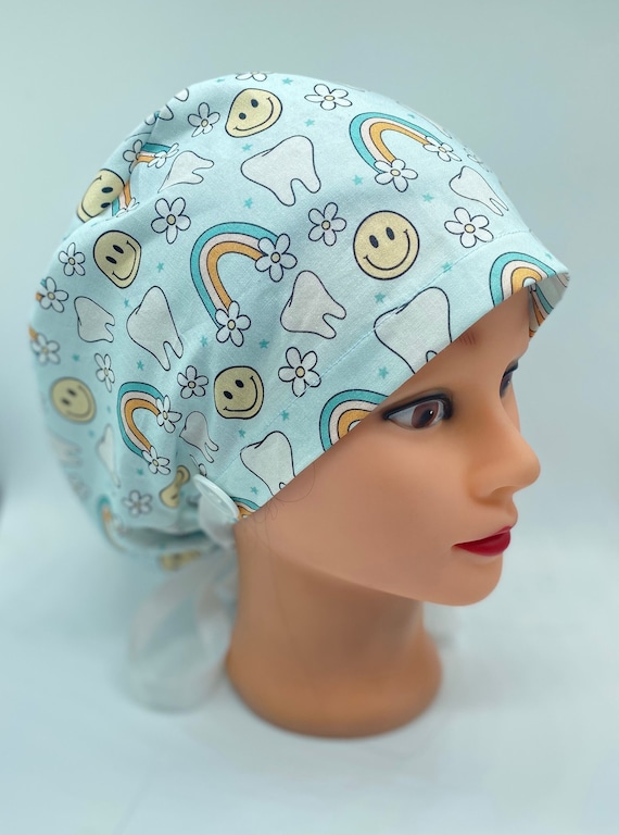 Rainbow euro scrub cap, retro dental scrub cap, dental scrub cap with buttons, dental assistant cap, tooth ponytail scrub cap , dental gifts