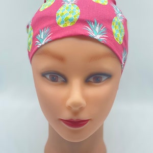 Pineapple scrub cap, fruit scrubcap with buttons, euro scrub cap, womens hair cover, nurses scrub cap, ponytail scrub cap,