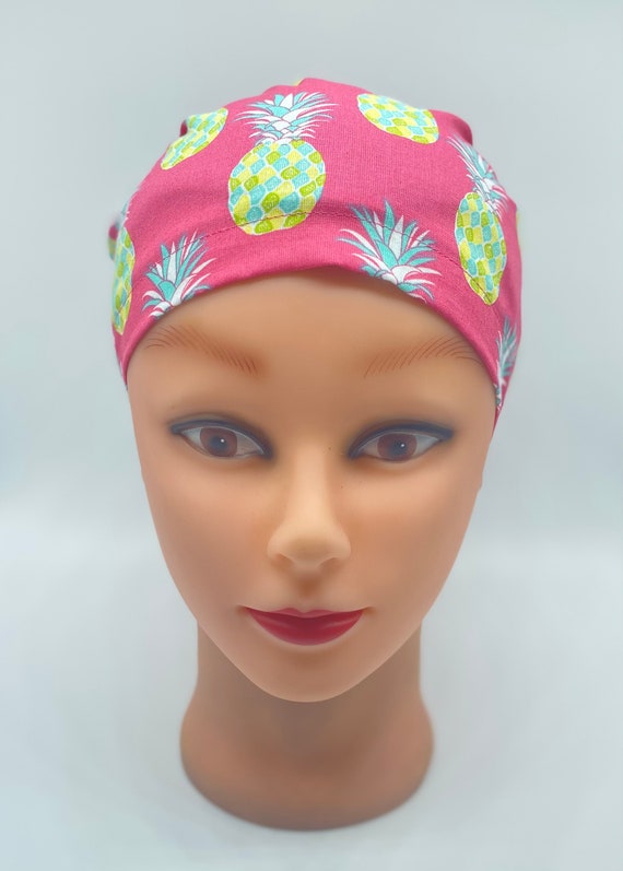 Pineapple scrub cap, fruit scrubcap with buttons, euro scrub cap, womens hair cover, nurses scrub cap, ponytail scrub cap,