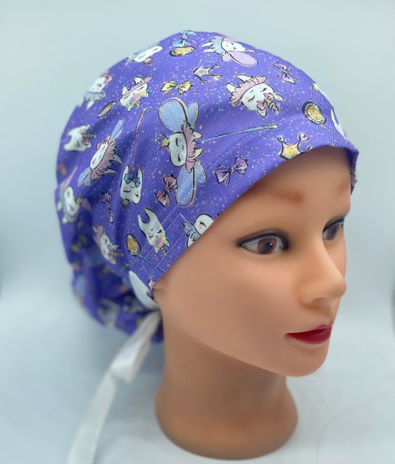 Dental Tooth fairy scrub cap, euro dental scrub cap with buttons, dental assistant cap, tooth ponytail scrub cap, dental hygienist scrub cap