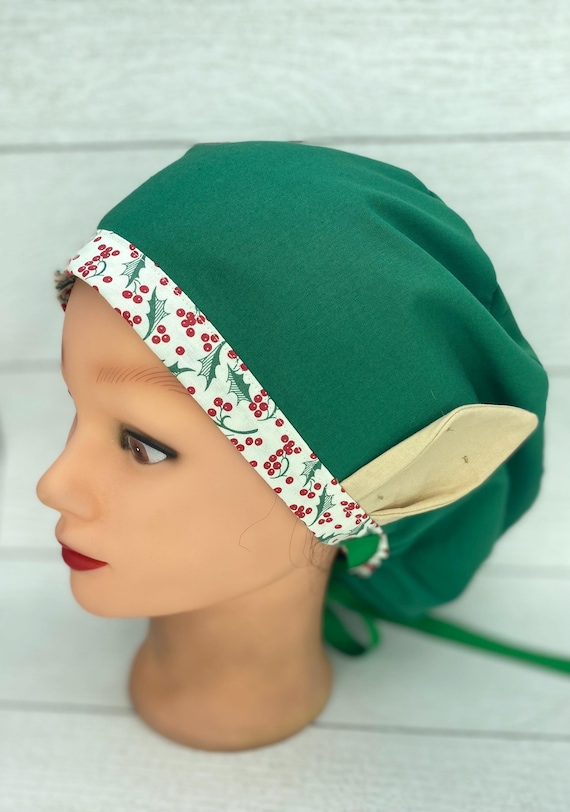 Original Elf ears Euro scrub cap, holiday scrub cap, Christmas scrub cap, Christmas scrub hat, euro winter scrub cap, scrub cap with buttons