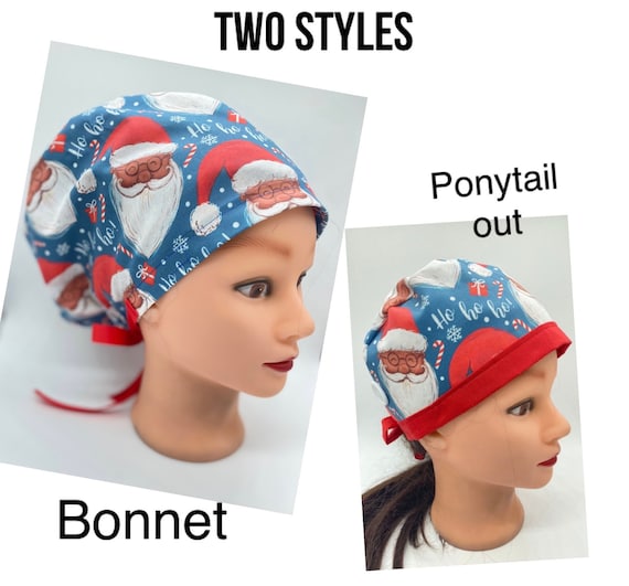 African America Santa Claus Scrub cap with buttons, Christmas scrub cap, Christmas scrub hat, holiday scrub cap, Santa scrub cap