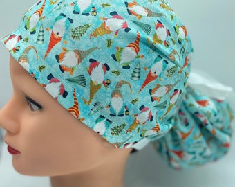 Gnome scrub cap, Christmas scrub cap with buttons, holiday scrub cap, Christmas scrub hat, winter hat, nurses euro scrub cap, Ponytail cap