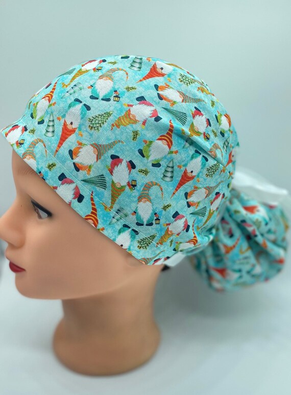 Gnome scrub cap, Christmas scrub cap with buttons, holiday scrub cap, Christmas scrub hat, winter hat, nurses euro scrub cap, Ponytail cap