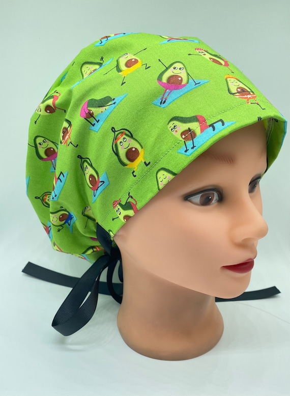 Avocado scrub cap, euro scrub cap with buttons, nurse scrub cap, ponytail scrub cap, womens hair cover, surf and sun bathing avocados cap