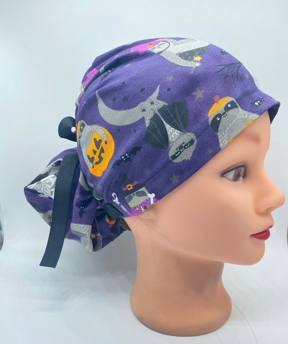 Sloth Halloween scrub cap, bonnet scrub cap with buttons, Halloween ponytail scrub cap with ribbon ties, nurse Animal scrub cap with buttons
