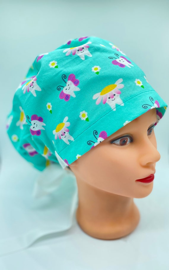 Teal dental bonnet with Butterflies, flowers dental scrub cap w/ buttons, dental assistant cap, tooth ponytail scrub cap, womens hair cover