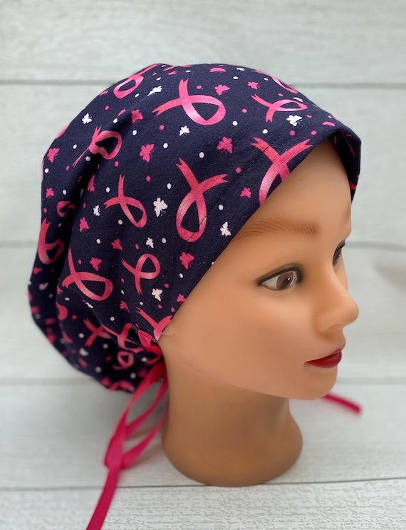 Dark purple with pink ribbons Euro scrub cap, medical scrub cap with buttons, breast cancer awareness scrub cap, womens hair cover,