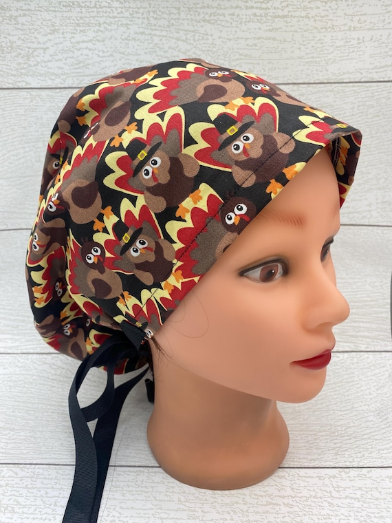 Thanksgiving Turkey Euro scrub cap, holiday scrub cap, ponytail scrub cap for women, Autumn nurse scrub cap, fall scrub cap with buttons
