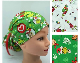 Grinch Christmas Scrub Cap: Euro Style, Ribbon Ties, holiday scrub cap with buttons, medical hair cover, nurse hat for the holidays