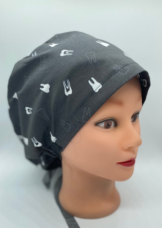 Black Euro Dental scrub cap with teeth, dental hygienist scrub cap with buttons, tooth scrub cap, womens scrub cap, dental assistant cap