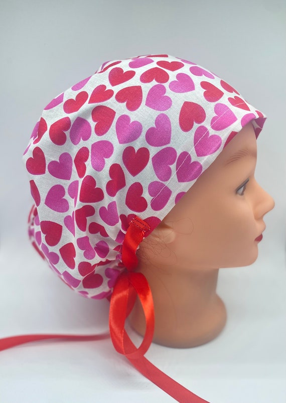 Valentines medical scrub cap, blue euro hearts scrub cap, hearts scrub cap with buttons, nurse scrub cap, dental hair cover, womens hat