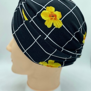 Black and yellow Chemo cap, beanie, head covering, soft hat, chemotherapy cap, womens chemo cap, womens beanie, alopecia, flower chemo cap