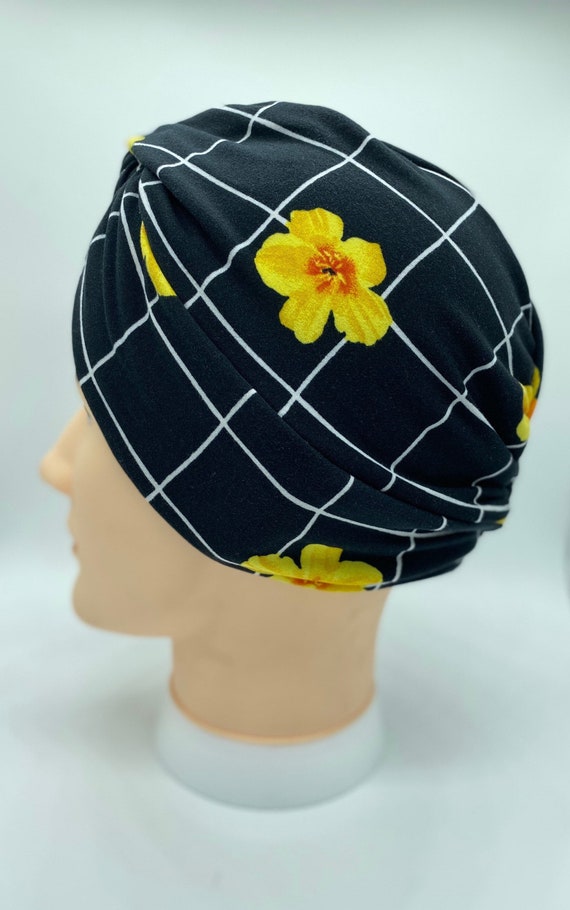 Black and yellow Chemo cap, beanie, head covering, soft hat, chemotherapy cap, womens chemo cap, womens beanie, alopecia, flower chemo cap