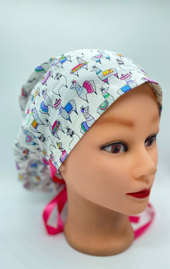 Llama scrub cap, nurse scrub cap with buttons, womens hair cover, euro scrub cap, Ponytail scrub cap, animal scrub cap